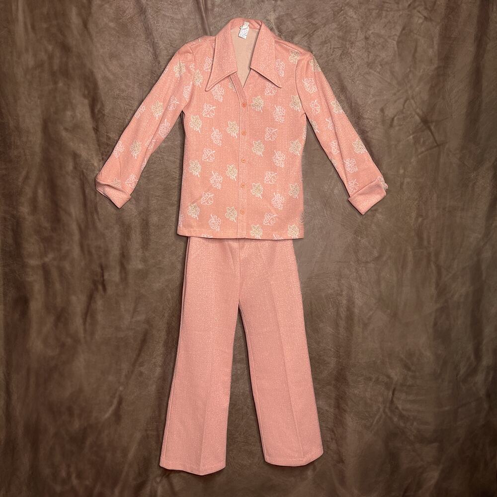 Gregg's Girl Vintage 70s Pastel Floral Pant Suit Metallic Foliage Dagger Collar